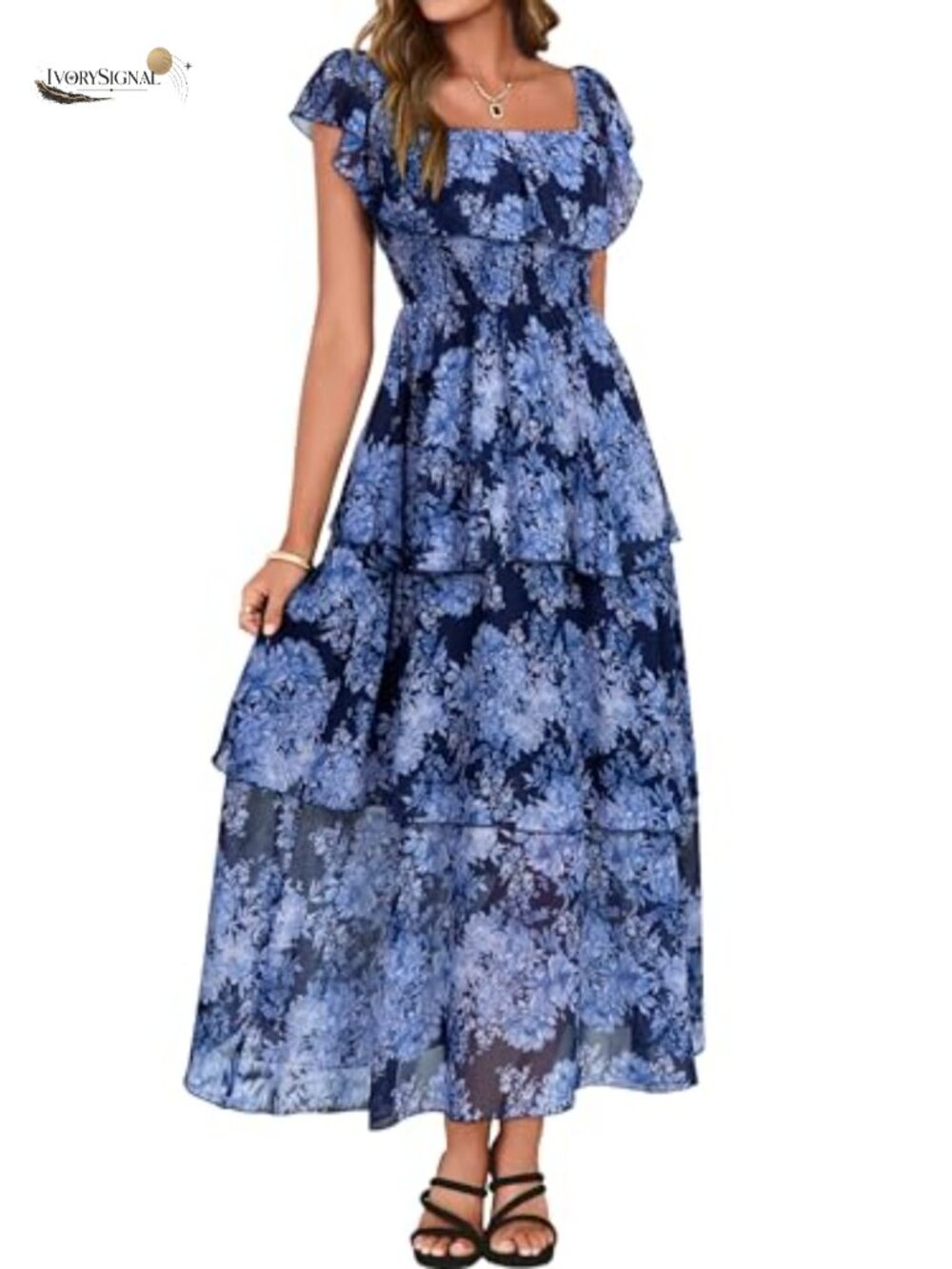 Simplee Chiffon Off Shoulder Smocked Tiered Flowy Maxi Dress